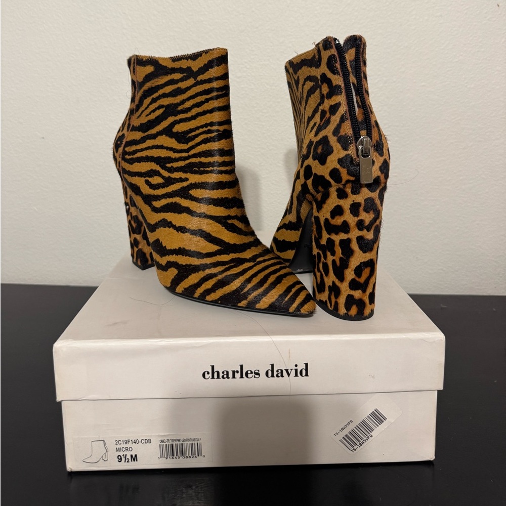 Charles David Tiger and Leopard Print Heeled Boots - Brown and Black